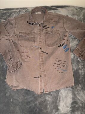 Zara Taupe Button-Down Shirt with Blue Graphic Accents